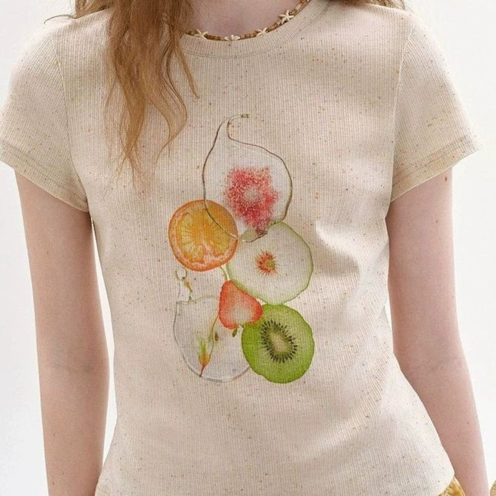 Zara Dot Ribbed Fruit Print Round Neck Regular Shoulder Youthful Tee